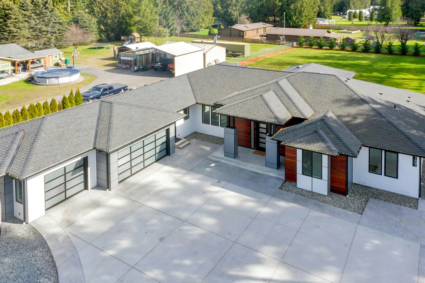 A bird's eye photo of a custom home.